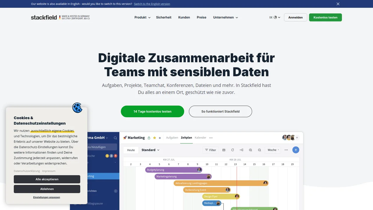 Screenshot: Stackfield Landing Page
